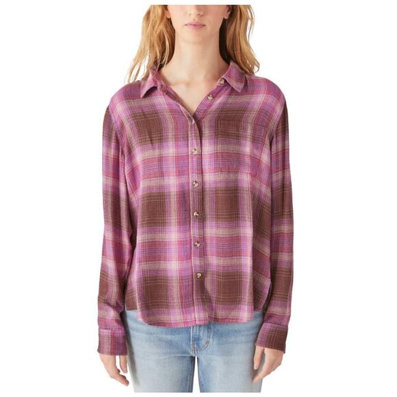 Lucky Brand Purple Button Front Plaid Shirt Small Cloud Boyfriend Viscose - Picture 1 of 6